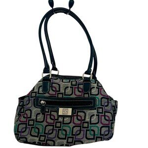 Geometric Print Shoulder Bag - Black Faux Leather Trim - Multi Pocket